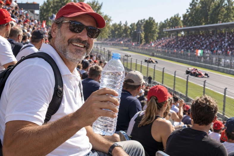 Tifoso sulla tribuna del Gran Premio di Monza con una bottiglia d’acqua portata da casa