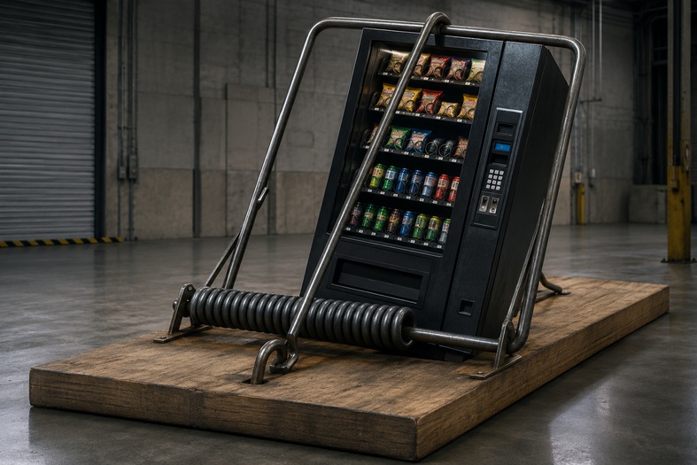Distributore automatico intrappolato in una gigantesca trappola scattata, simbolo dei costi per uscire da un grande appalto vending