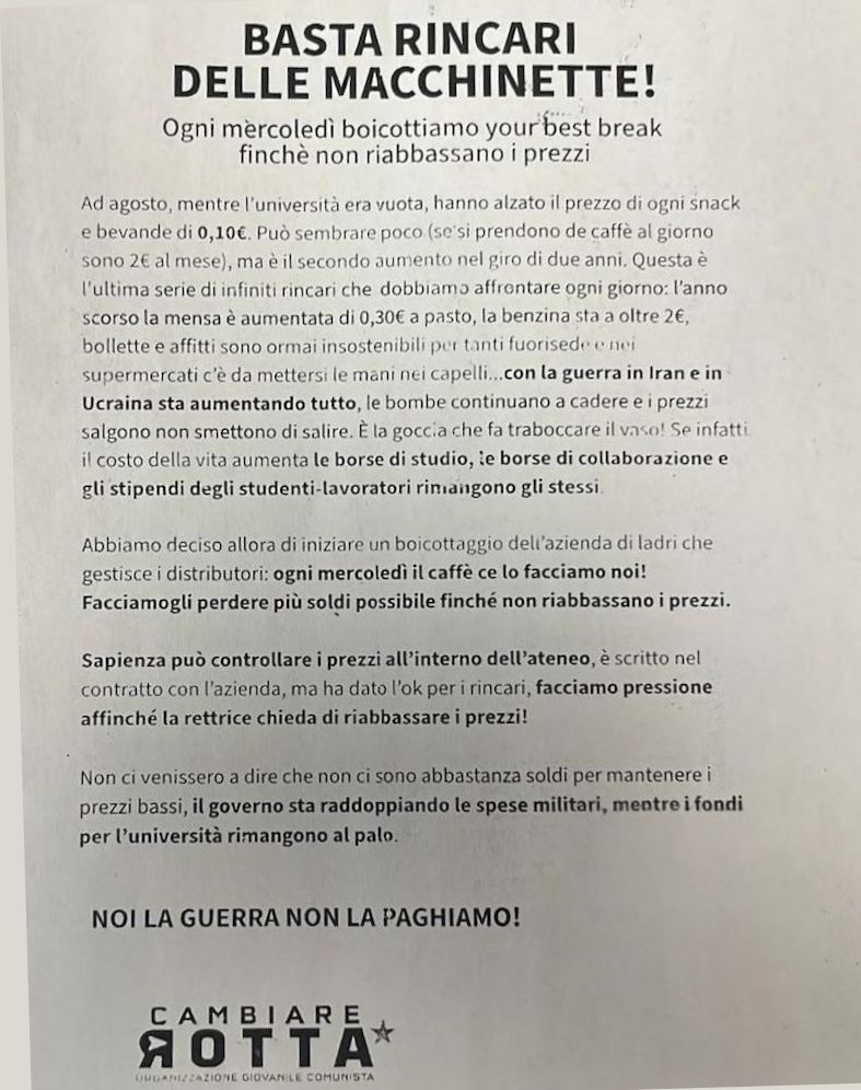 Volantino di Cambiare Rotta contro i rincari dei distributori automatici alla Sapienza di Roma, con invito al boicottaggio ogni mercoledì.