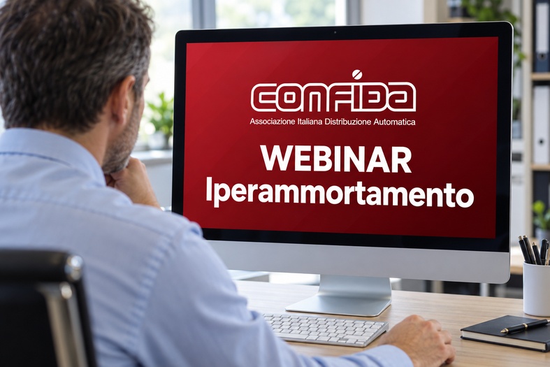 Un uomo in ufficio segue al monitor il webinar CONFIDA sull’Iperammortamento 2026-2028 per gli investimenti nel vending.