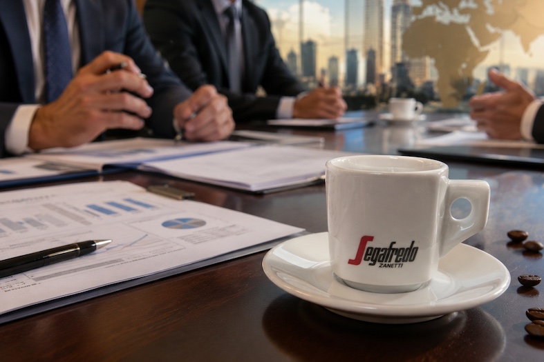 Tazzina di caffè su un tavolo di trattativa finanziaria con documenti M&A e mappa del mondo sullo sfondo